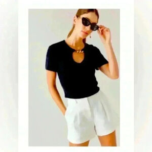 Alina Fuzzy Keyhole Sweater Tee with Gold Embellishment